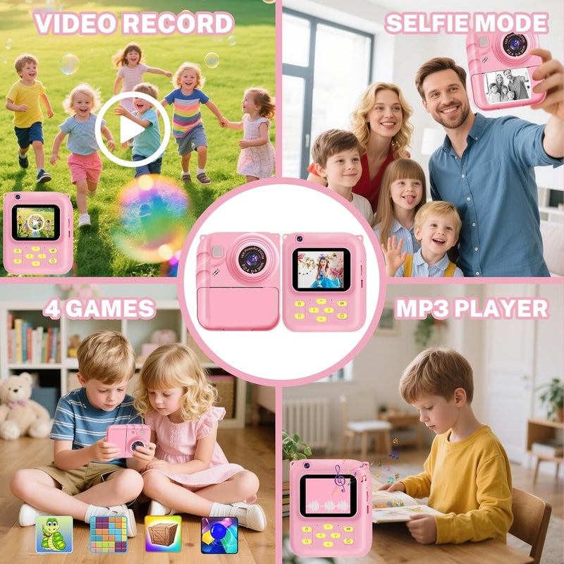 QDH Instant Print Camera for Kids, 1080P Video Camera with 3 Print Rolls, 32GB Card & Cute Cover, Gift for Girls Boys Age 3-12, Toddler Digital Camera with Games, Filters, Music – Pink - Image 3
